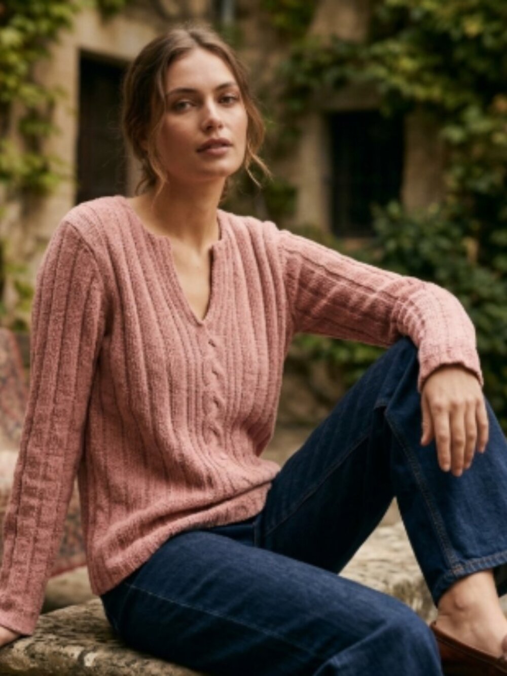 Yana K Dusty Pink Cable Knit Ribbed Wool Blend Sweater Size XL EUC